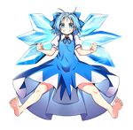  baba_(baba_seimaijo) barefoot blue_dress blue_eyes blue_hair bow cirno dress feet full_body grin hair_bow highres ice ice_wings looking_at_viewer puffy_short_sleeves puffy_sleeves raised_fists shirt short_sleeves smile solo tachi-e touhou transparent_background wings 