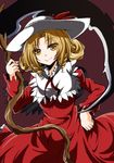  blonde_hair capelet dress elly hat hat_removed headwear_removed holding holding_scythe juliet_sleeves long_sleeves looking_at_viewer puffy_sleeves red_dress scythe smile solo touhou touhou_(pc-98) yellow_eyes yozuki_shokora 