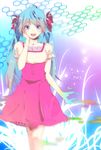  blue_eyes blue_hair blurry blush dress emu_(ototake) flower hair_flower hair_ornament hand_on_own_cheek hatsune_miku highres jewelry long_hair melt_(vocaloid) necklace open_mouth short_sleeves smile solo song_name twintails vocaloid 