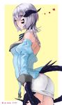  arched_back au_ra breasts claws daikichi_maru detached_sleeves final_fantasy final_fantasy_xiv from_side heterochromia highres horn md5_mismatch medium_breasts pencil_skirt purple_eyes short_hair silver_hair skirt solo tail twitter_username yellow_background 
