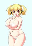  bikini blonde_hair breasts cleavage commentary_request headphones huge_breasts looking_at_viewer masara_(masalucky2010) navel nitroplus open_mouth orange_eyes plump short_hair smile solo super_pochaco swimsuit twintails white_swimsuit 