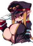  absurdres arm_behind_back blush breasts closed_mouth collared_shirt commentary_request disgaea erect_nipples gloves hair_between_eyes hand_on_headwear hand_up hat highres huge_breasts jacket light_brown_hair long_hair long_sleeves looking_at_viewer makai_senki_disgaea_3 military military_uniform necktie pointy_ears purple_hat purple_jacket red_eyes red_neckwear salvatore_(disgaea) shirt simple_background solo uniform upper_body white_background white_gloves wing_collar zankuro 