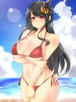  alternate_costume beach bikini black_hair blush breast_hold breasts cleavage commentary_request day en_(paorasuteki) fusou_(kantai_collection) hair_ornament kantai_collection large_breasts long_hair ocean red_eyes side-tie_bikini smile solo standing swimsuit 