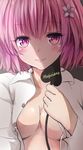  artist_name bad_id bad_pixiv_id blush breasts cleavage flower food fruit hair_flower hair_ornament highres holding looking_at_viewer magicians_(zhkahogigzkh) medium_breasts momo_velia_deviluke no_bra open_clothes open_shirt peach pink_eyes pink_hair shirt smile solo tail to_love-ru 
