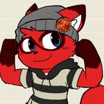  8chan anthro beanie black_nose blue_eyes clothed clothing english_text fur hat mammal nate_(8chan) oob raccoon red_fur smile text 