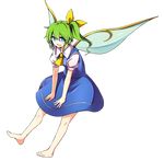  absurdres baba_(baba_seimaijo) barefoot blue_eyes bow daiyousei dress fairy_wings full_body green_hair hair_bow hair_ribbon highres open_mouth ribbon short_hair side_ponytail smile solo tachi-e touhou transparent_background wings 