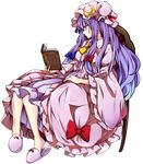  baba_(baba_seimaijo) book bow chair crescent dress frills full_body hair_bow hair_ornament hat hat_bow highres long_hair long_sleeves looking_down mob_cap open_book patchouli_knowledge profile puffy_sleeves purple_hair reading sitting slippers solo striped striped_dress tachi-e touhou transparent_background vest wide_sleeves 