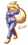  2015 anthro barefoot blonde_hair breasts brown_fur canine clothed clothing female fox fur hair looking_at_viewer mammal open_mouth pants plain_background red_eyes slit_pupils solo sweater tailzkim text white_background 