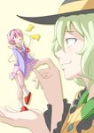  absurdres angry bad_id bad_pixiv_id blush eyeball green_eyes green_hair hairband hat hat_ribbon heart highres holding komeiji_koishi komeiji_satori long_sleeves looking_at_another looking_down minigirl multiple_girls open_mouth pink_hair profile red_eyes ribbon shiver_(siva-hl) short_hair siblings simple_background sisters size_difference skirt skirt_lift slippers smile socks string third_eye touhou white_legwear wide_sleeves yellow_background 
