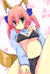  animal_ears black_bra black_panties blush bra breasts cleavage fate/extra fate_(series) fox_ears fox_tail hair_ribbon large_breasts looking_at_viewer midriff navel open_mouth panties pink_hair ribbon ruugaruu solo tail tamamo_(fate)_(all) tamamo_no_mae_(fate) twintails underwear yellow_eyes 