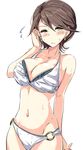  adjusting_hair arm_behind_back bare_shoulders bikini blush breasts cleavage cowboy_shot earrings flying_sweatdrops green_eyes half-closed_eyes highres idolmaster idolmaster_cinderella_girls jewelry large_breasts looking_at_viewer natsu_(anta_tte_hitoha) navel o-ring o-ring_bottom shinohara_rei short_hair simple_background solo swimsuit wavy_mouth weapon white_bikini 