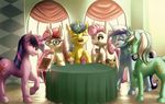  2015 book cupcake equine eyewear female food friendship_is_magic glasses glowing group horn lemon_hearts_(mlp) levitation lyra_heartstrings_(mlp) magic mammal minuette_(mlp) moondancer_(mlp) my_little_pony mykegreywolf twilight_sparkle_(mlp) twinkleshine_(mlp) unicorn 