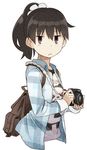  :&lt; backpack bag black_hair brown_eyes camera collared_shirt fur_trim jacket long_sleeves open_clothes open_jacket original ponytail shirt solo t-shirt upper_body white_background yukihiroyuki 