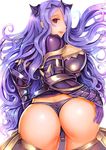  armor ass black_armor breasts camilla_(fire_emblem_if) fire_emblem fire_emblem_if from_behind gloves hair_over_one_eye hand_on_ass huge_breasts long_hair looking_back open_mouth purple_gloves purple_hair red_eyes simple_background solo teruru thong very_long_hair wavy_hair wedgie white_background 