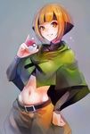  baggy_pants belt brown_eyes brown_hair capelet green_capelet highres holding holding_poke_ball long_sleeves looking_at_viewer midriff natane_(pokemon) navel pants poke_ball poke_ball_(generic) pokemon pokemon_(game) pokemon_dppt poncho shiny shiny_clothes shiny_skin short_hair smile solo taishi_(picchiridou) 