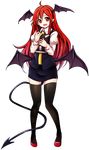  absurdres baba_(baba_seimaijo) bat_wings black_legwear book book_hug demon_tail full_body head_wings highres holding holding_book koakuma long_hair long_sleeves looking_at_viewer miniskirt necktie open_mouth pointy_ears puffy_sleeves red_eyes red_hair shirt shoes skirt skirt_set smile solo tachi-e tail thighhighs touhou transparent_background vest wings zettai_ryouiki 