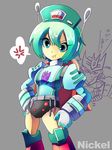  1girl :t breasts decepticon gloves green_hair nickel nurse nurse_cap personification short_hair simple_background transformers 