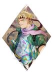  absurdres bad_id bad_pixiv_id blonde_hair bubble caesar_anthonio_zeppeli facial_mark fingerless_gloves gloves green_eyes headband highres jojo_no_kimyou_na_bouken male_focus pink_scarf scarf solo yamaru 