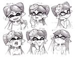  alternate_hairstyle aori_(splatoon) bad_id bad_tumblr_id blood breasts check_translation cheek_squash cleavage crying detached_collar domino_mask earrings expressions food food_on_head hair_down jewelry long_hair mask mole mole_under_eye monochrome nosebleed object_on_head pointy_ears simple_background small_breasts splatoon_(series) splatoon_1 sushi tears translation_request white_background yuta_agc 