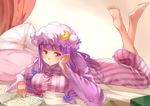  barefoot bed blanket blush book breast_squeeze breasts crescent curtains feet_up hair_ornament hair_ribbon hand_on_own_cheek hat highres kanzen_bouon large_breasts legs_up long_hair lying nightgown on_stomach patchouli_knowledge pillow pink_eyes purple_hair reading ribbon solo striped the_pose touhou 