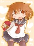  absurdres anchor_symbol arms_behind_back brown_eyes brown_hair fang hair_ornament hairclip hanomido highres ikazuchi_(kantai_collection) kantai_collection neckerchief open_mouth red_neckwear school_uniform serafuku short_hair skirt solo thighhighs twitter_username valentine 