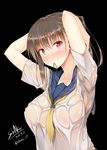  adjusting_hair black_background black_hair blush breasts covered_nipples large_breasts long_hair looking_at_viewer mouth_hold original red_eyes school_uniform see-through serafuku shake_(ferit3) simple_background solo tying_hair wet wet_clothes 