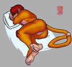  2014 anthro anus backsack balls barefoot bed butt curled_up digital_media_(artwork) eyes_closed lying mammal monkey noke nokemy nude on_bed on_side perineum pillow primate signature sleeping under_covers 