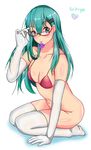  adjusting_eyewear bikini bottomless breasts condom condom_in_mouth elbow_gloves glasses gloves green_eyes green_hair hair_ornament hairclip hand_on_eyewear highres kantai_collection large_breasts long_hair mouth_hold no_panties solo sunglasses suzuya_(kantai_collection) swimsuit thighhighs white_background white_legwear zeroyama 