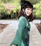  beanie black_hair grin happy_birthday hat looking_at_viewer nanjou_yoshino outdoors pavement reaching_out real_life realistic seiyuu smile solo sweater tida_kietsungden twitter_username upper_body 