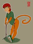  2014 aged_down anthro balls clothing cub digital_media_(artwork) erection flat_colors freckles leaning leaning_forward looking_at_viewer male mammal monkey noke nokemy outside penis penis_under_shirt primate pubes running_shoes shirt signature solo stick young 