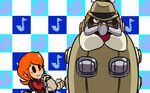  1girl bad_id bad_pixiv_id big_band blue_eyes bow captain_kirb commentary cyborg dress extra_eyes eye_socket fedora gloves hat mechanical_arms microphone minna_no_rhythm_tengoku parody peacock_(skullgirls) red_eyes rhythm_tengoku short_hair skullgirls smile white_gloves 