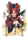  andrian_gilang animal_on_arm ankle_wrap bare_shoulders bird_on_arm breasts capelet chalice circlet cleavage coin crossed_legs crown_removed flag granblue_fantasy granblue_fantasy_(style) highres jewelry leg_wrap love_live! love_live!_school_idol_project medium_breasts nishikino_maki purple_eyes red_hair ring sandals sitting solo throne vambraces 