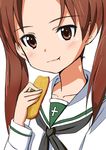  ame. eating food girls_und_panzer kadotani_anzu school_uniform twintails white_background 