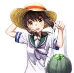  ame. arm_up bag brown_eyes brown_hair commentary food fruit fubuki_(kantai_collection) hand_behind_head hat kantai_collection long_hair looking_at_viewer open_mouth plastic_bag ponytail school_uniform serafuku simple_background smile solo sun_hat watermelon white_background 