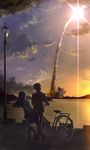  1girl bicycle cloud ground_vehicle highres kouji_(astral_reverie) lamppost long_hair original rocket school_uniform sky smoke_trail twilight 