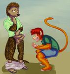  anthro balls barefoot bottomless clothed clothing crouching daniel_chung duo erection excited exhibitionism exposing footwear half-dressed long_tail looking_at_penis male male/male mammal monkey nervous noke nokemy open_mouth pangolin pants pants_down penis primate sandals scales shirt shirt_lift shorts side_view 