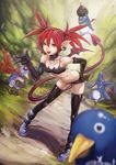  absurdres ass bat_wings boots demon_girl demon_tail demon_wings disgaea earrings elbow_gloves etna fangs flat_chest gloves highres jewelry kuon_(kwonchanji) laharl_(prinny) leaning_forward looking_at_viewer makai_senki_disgaea pointy_ears prinny prinny_(series) red_eyes red_hair short_hair skull_earrings tail thighhighs wings 
