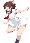  aoi_minamo bad_id bad_pixiv_id bow breasts brown_eyes brown_hair dress highres kneehighs leaning_forward legs open_mouth real_drive ribbon school_uniform shiro_yurine short_hair simple_background solo standing standing_on_one_leg white_background 