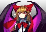  1girl bat_wings berabou blonde_hair blush bow bowtie colored elis_(touhou) facepaint flower gradient gradient_background grey_background hair_flower hair_ornament hair_ribbon long_hair looking_at_viewer looking_down pointy_ears red_eyes ribbon shirt sketch solo star touhou touhou_(pc-98) upper_body vest wings 