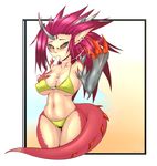  bikini black_sclera blush breasts claws cleavage clothed clothing dragon ear_piercing female hair horn kaxlene messy piercing plain_background pointy_ears popsicle raised_arm red_eyes red_hair scalie solo swimsuit 