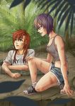  1girl absurdres blurry breasts brown_eyes cleavage crop_top denim denim_shorts depth_of_field dirty gravitation green_eyes highres hole kai-yan kneeling medium_breasts nakano_hiroshi original plant purple_hair red_hair shirt shoes short_shorts shorts sneakers t-shirt tank_top 