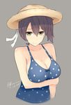  breast_hold breasts brown_hair cleavage commentary_request cosplay dated green_eyes hat kaga_(kantai_collection) kantai_collection kuavera large_breasts polka_dot polka_dot_swimsuit signature solo sun_hat swimsuit twitter_username ushio_(kantai_collection) ushio_(kantai_collection)_(cosplay) 