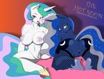  anthro anthrofied anus areola bed blue_hair blue_skin blush breasts butt clitoris cutie_mark dekomaru dildo duo english_text equine female fishnet friendship_is_magic green_hair hair half-closed_eyes high_heels horn horse horsecock_dildo looking_at_viewer mammal multicolored_hair my_little_pony nipples nude open_mouth pony princess_celestia_(mlp) princess_luna_(mlp) pussy sex_toy text tongue tongue_out two_tone_hair vein white_skin 