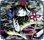  bangs black_hair blunt_bangs bug butterfly flower frame hair_flower hair_ornament half-closed_eyes ichihara_yuuko insect light_smile lipstick long_hair makeup official_style pale_skin pearl pipe red_eyes red_lipstick smoke solo togetsuhou wide_sleeves xxxholic 