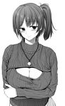  alternate_costume blush breast_hold breasts cleavage greyscale hair_ribbon jewelry jpeg_artifacts kaga_(kantai_collection) kantai_collection large_breasts looking_away meme_attire mokumokuren_(atariya_kyoushitsu) monochrome necklace open-chest_sweater ribbon side_ponytail smile solo sweater turtleneck upper_body 