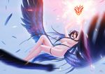  albedo angel_wings arms_up black_hair breasts darkmuleth feathers highres horns large_breasts long_hair long_legs nude overlord_(maruyama) solo very_long_hair wings yellow_eyes 