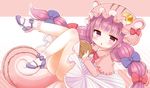  animal_hat bangs blunt_bangs bow chipmunk_ears chipmunk_tail commentary_request crescent dress hair_bow hat high_heels legs_up long_hair lying marshmallow_mille mob_cap on_back patchouli_knowledge purple_eyes purple_hair socks solo tail touhou walnut_(food) 