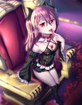  bad_id bad_pixiv_id bare_shoulders black_footwear blood blood_in_mouth boots chair detached_sleeves fangs hair_ornament highres hk_(hk) juliet_sleeves knee_boots krul_tepes long_sleeves looking_at_viewer owari_no_seraph pink_hair pointy_ears puffy_sleeves red_eyes revision sitting slit_pupils solo spilling thighs vampire 