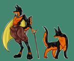  anthro black_fur cane canine cape chase clothing feral fur jackal mammal pants plain_background red_fur smile sterks yellow_eyes 