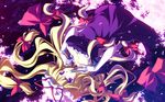  blonde_hair bow breasts cherry_blossoms cleavage closed_fan elbow_gloves fan folding_fan gloves hair_bow hat highres large_breasts long_hair motomiya_mitsuki non-web_source purple_eyes ribbon solo touhou upside-down wallpaper yakumo_yukari 